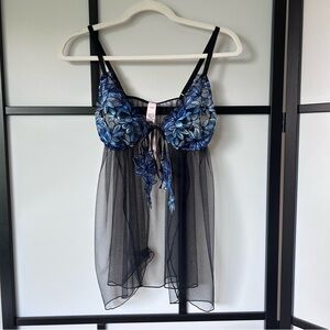 NWT [XL] Victoria's Secret Ziggy Glam Fly Away Babydoll Blue Floral Embroidered